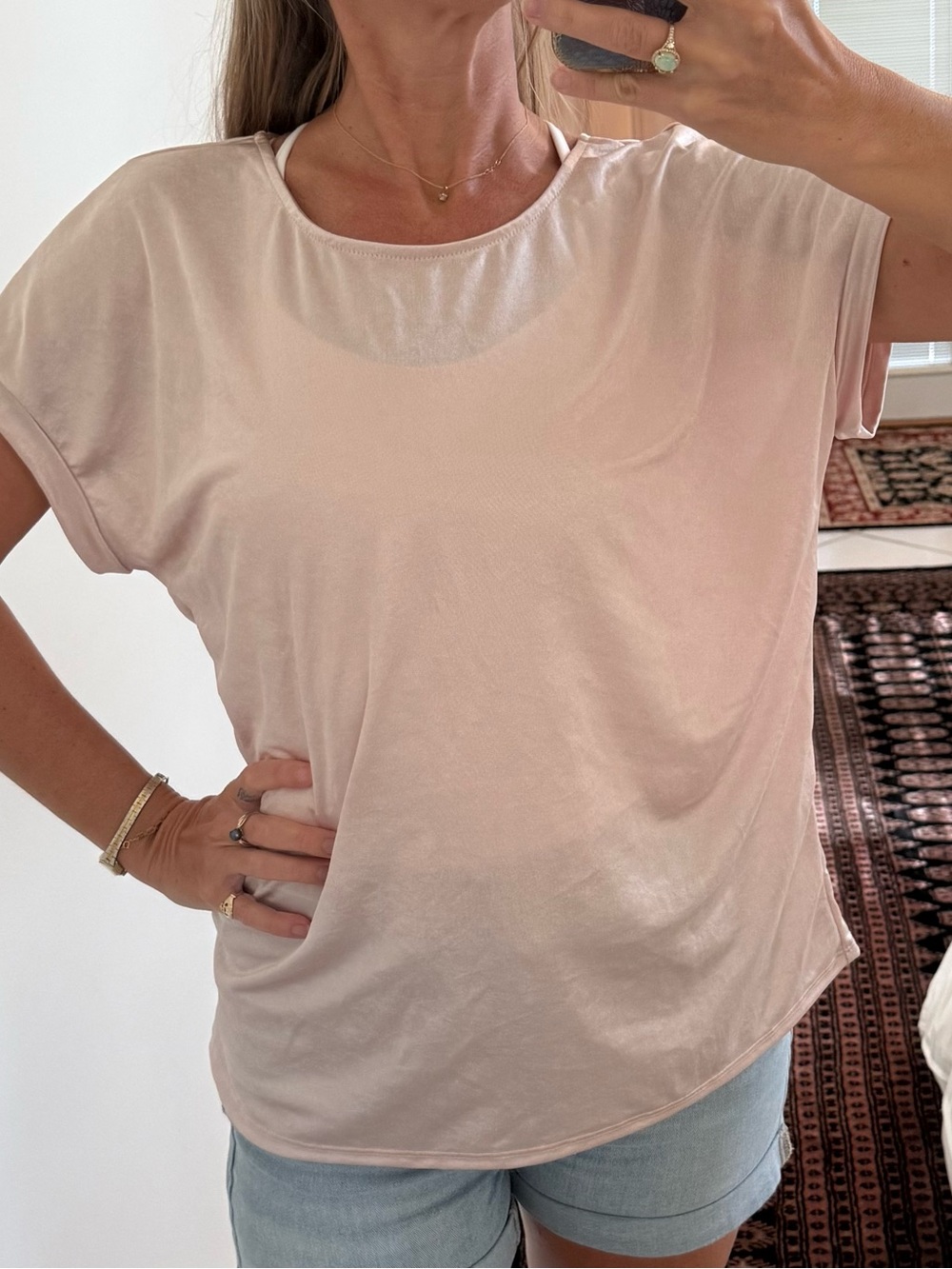 Green Envelope Relaxed Short Sleeve Top in Light Pink